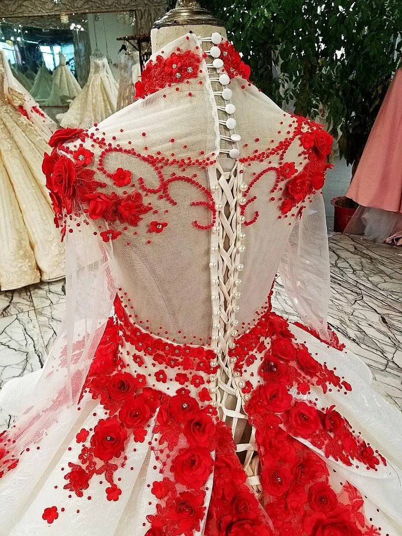 Red Patterns of Lace A-line High Neck Formal Evening Dress