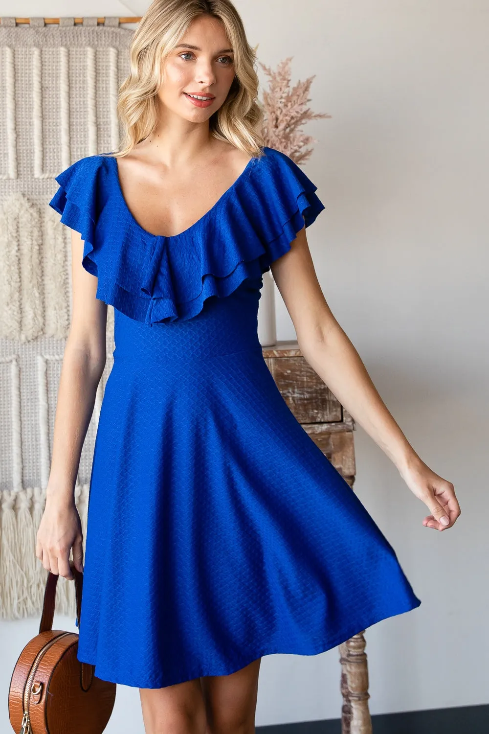 ROYAL PLUNGING NECKLINE RUFFLE DRESS