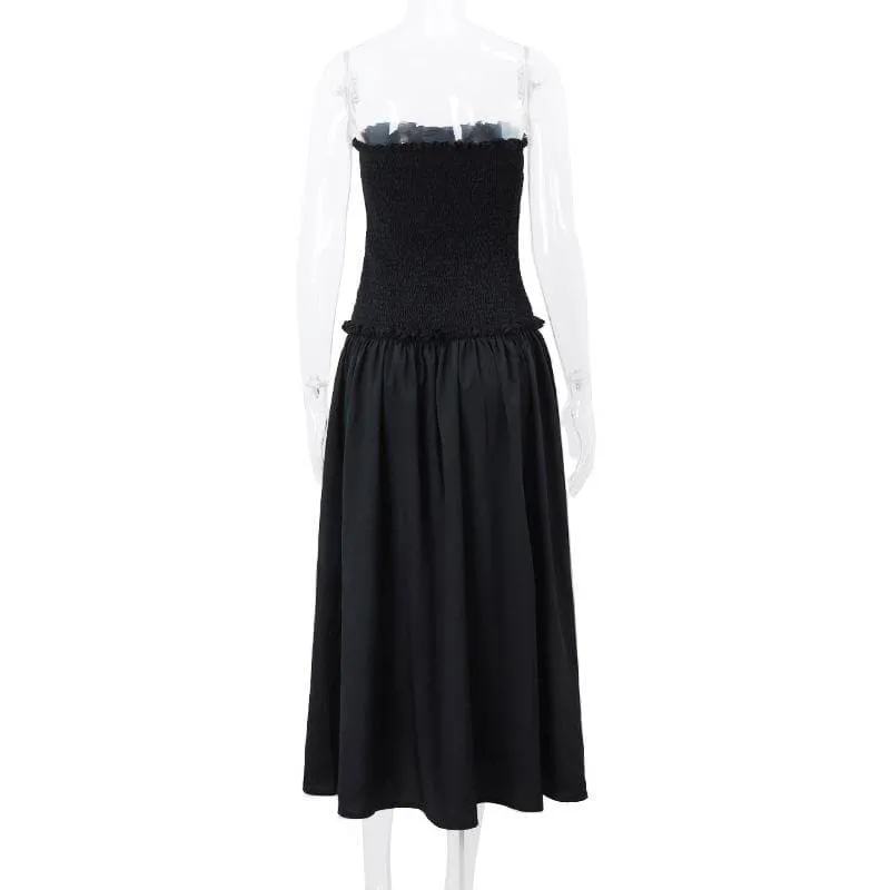 Smocked ruffle ruched lace up backless tube midi dress