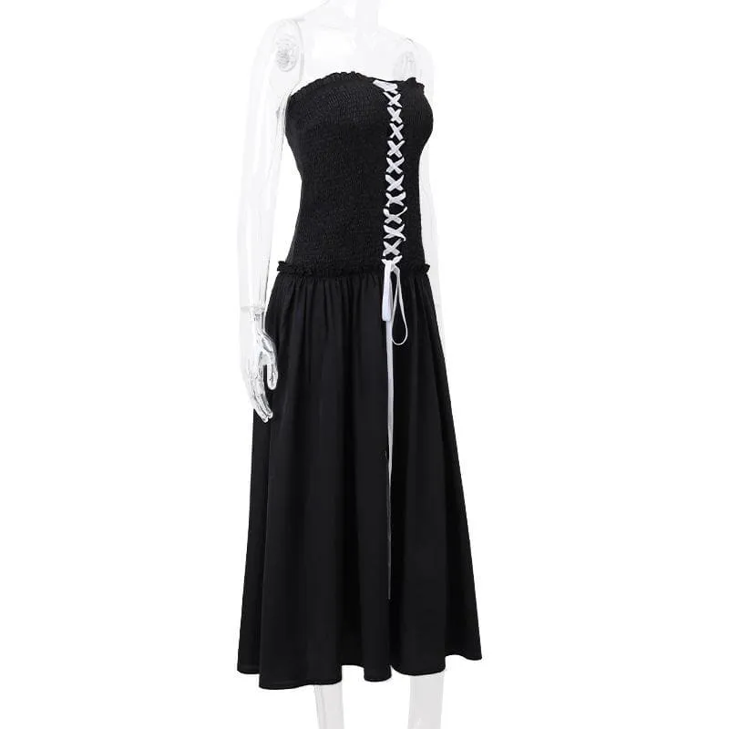 Smocked ruffle ruched lace up backless tube midi dress