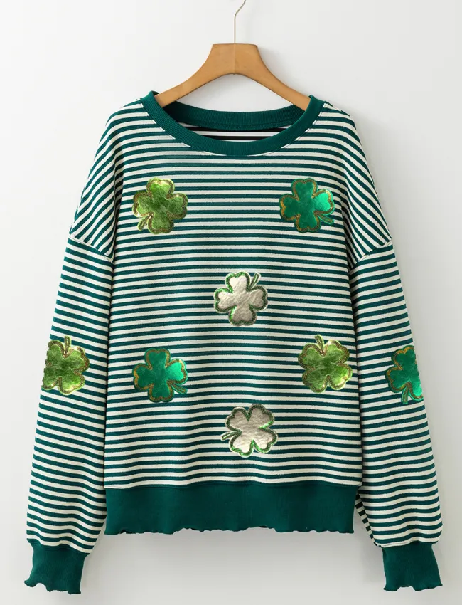 Stripe Lucky Clover Drop Shoulder Sweatshirt