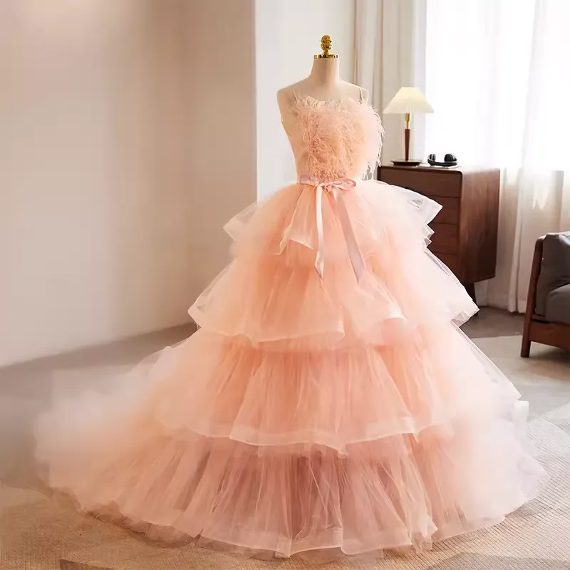 Vintage Ball Gown Straps Tulle Pink Sweet 16 Dresses B137