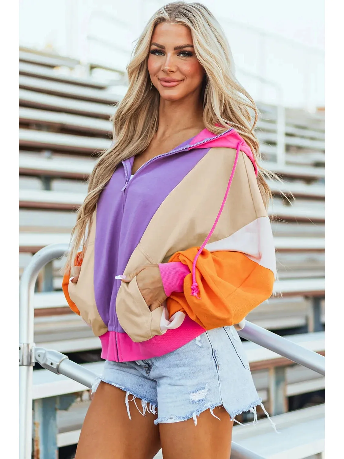 Women Drawstring Color Block Zip Up Long Sleeve Hoodie