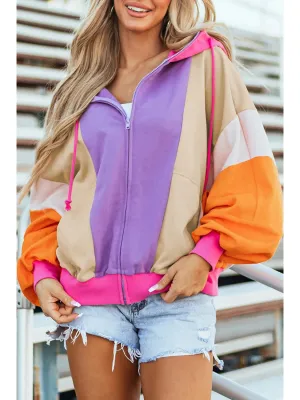 Women Drawstring Color Block Zip Up Long Sleeve Hoodie