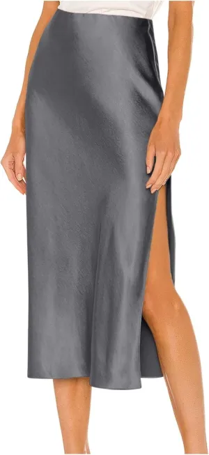 Women's High Waist Side Split Midi Skirt Elastic Waist Soft Sexy Solid Color Casual Dressy Elegant Skirt Fashion 2025