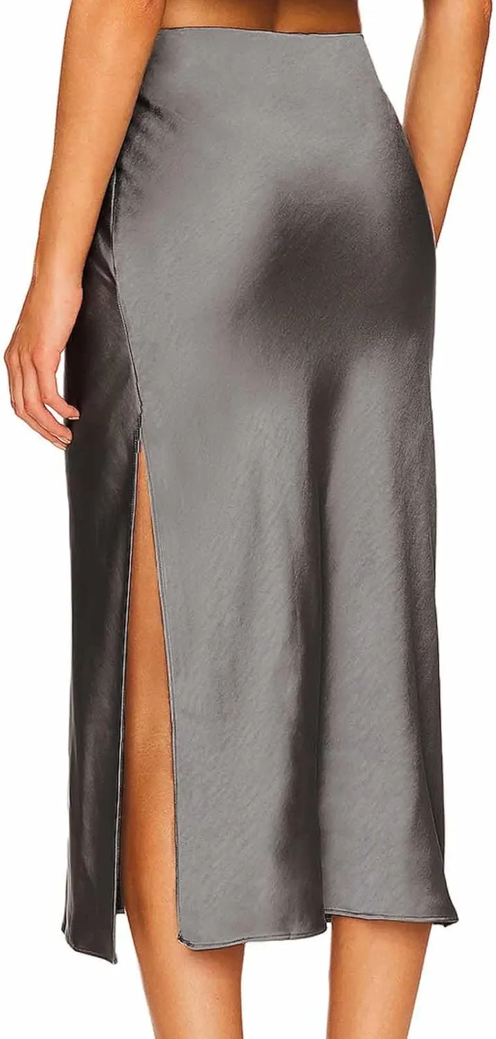 Women's High Waist Side Split Midi Skirt Elastic Waist Soft Sexy Solid Color Casual Dressy Elegant Skirt Fashion 2025