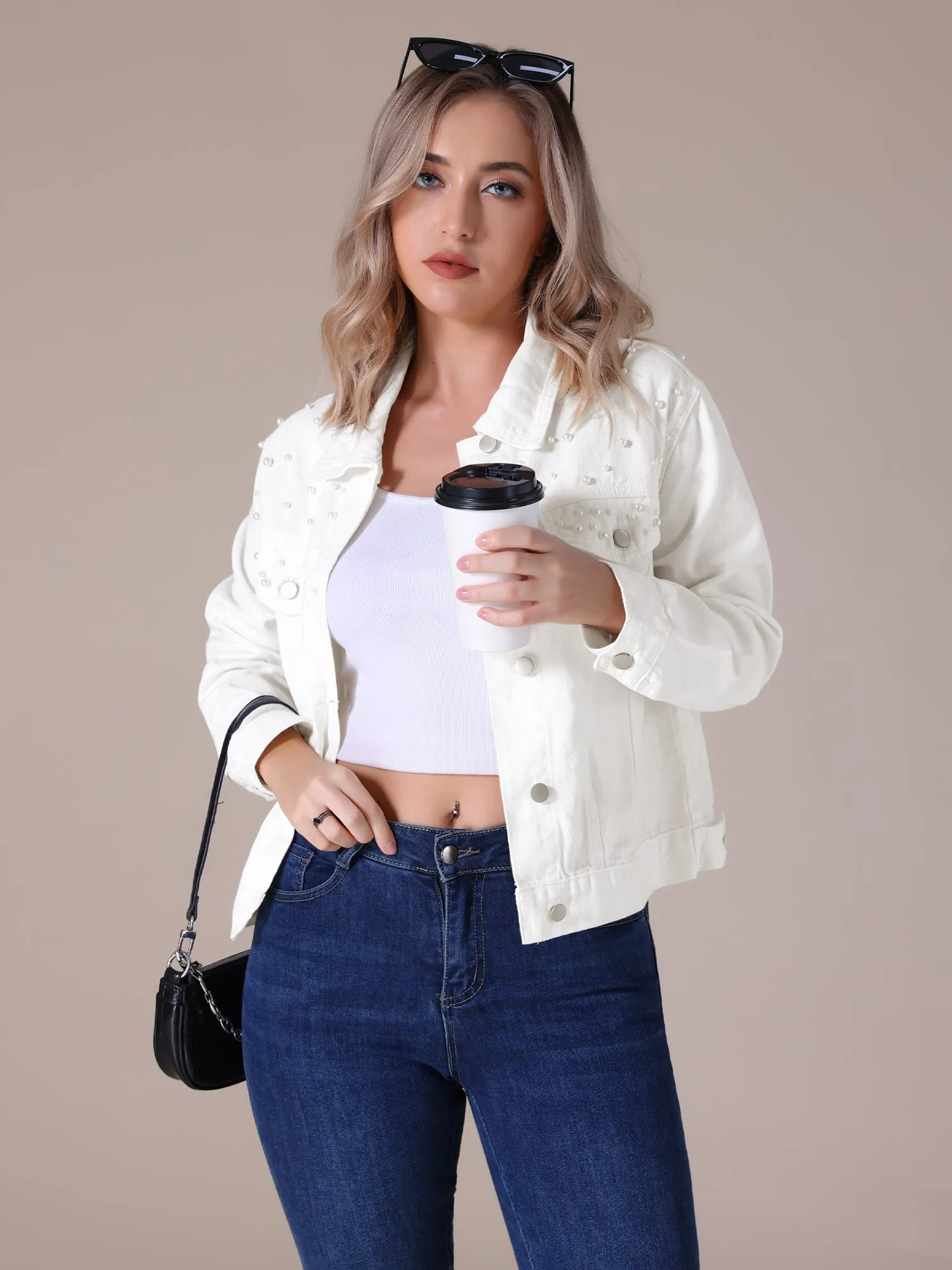 Women's Jean Jackets Trendy Button Down Long Sleeve Pearl Denim Jacket