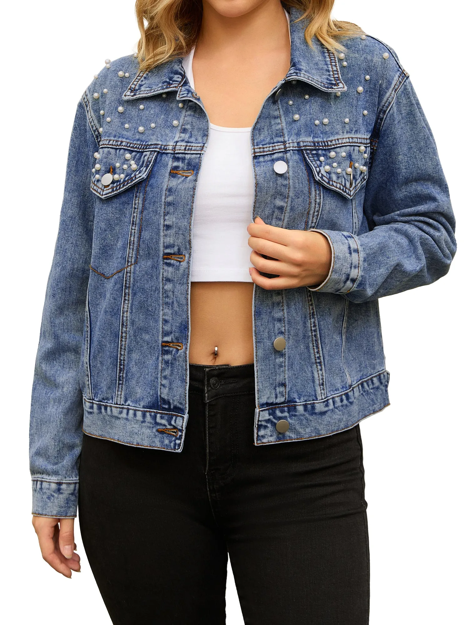 Women's Jean Jackets Trendy Button Down Long Sleeve Pearl Denim Jacket