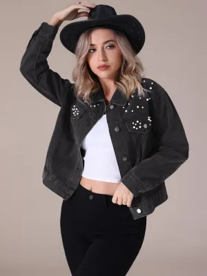 Women's Jean Jackets Trendy Button Down Long Sleeve Pearl Denim Jacket