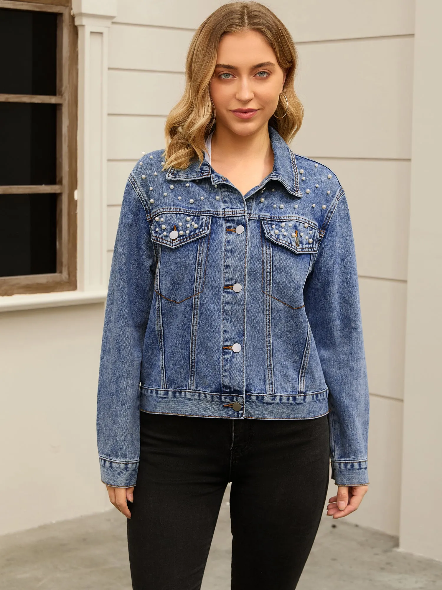 Women's Jean Jackets Trendy Button Down Long Sleeve Pearl Denim Jacket
