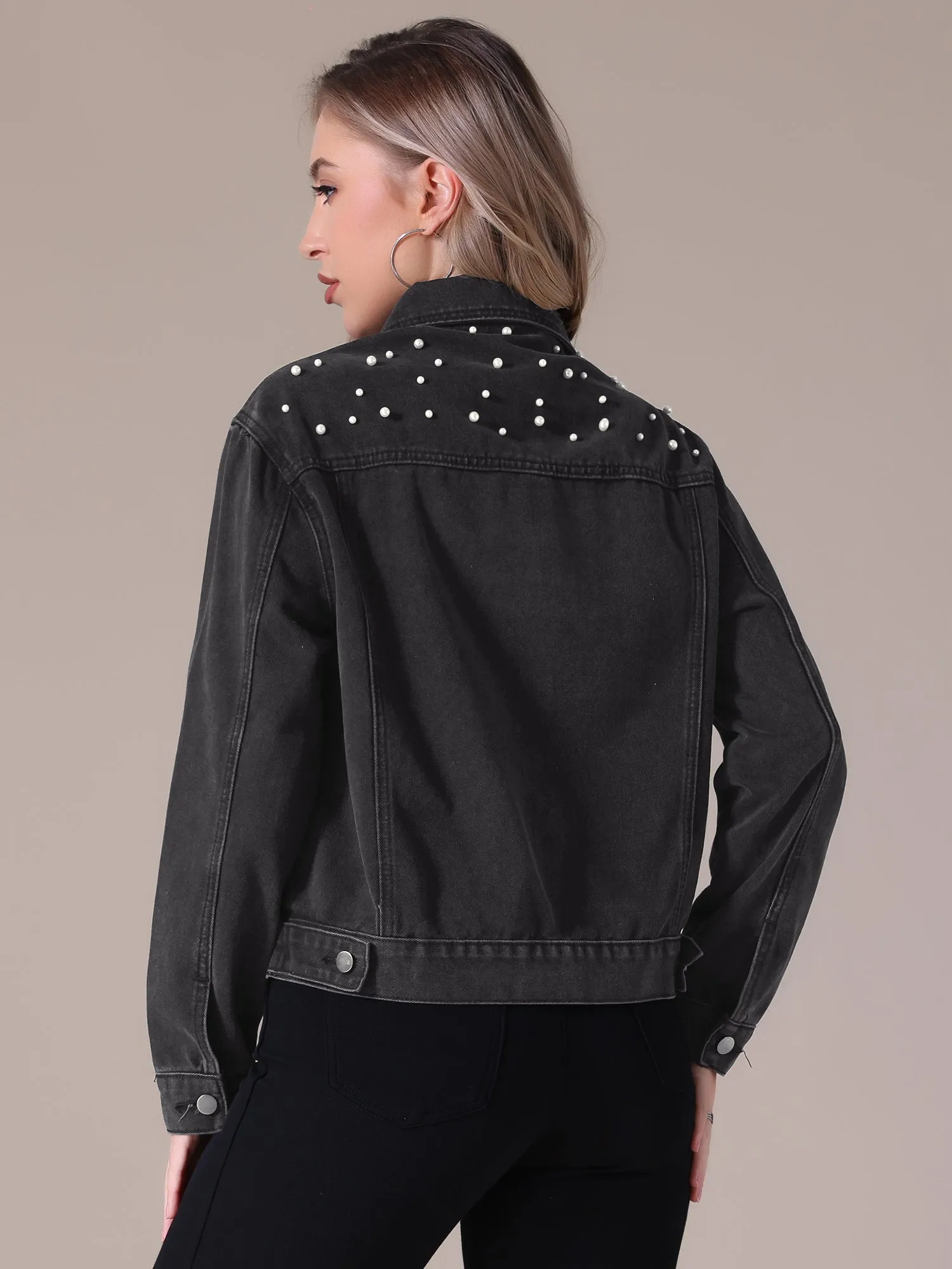 Women's Jean Jackets Trendy Button Down Long Sleeve Pearl Denim Jacket