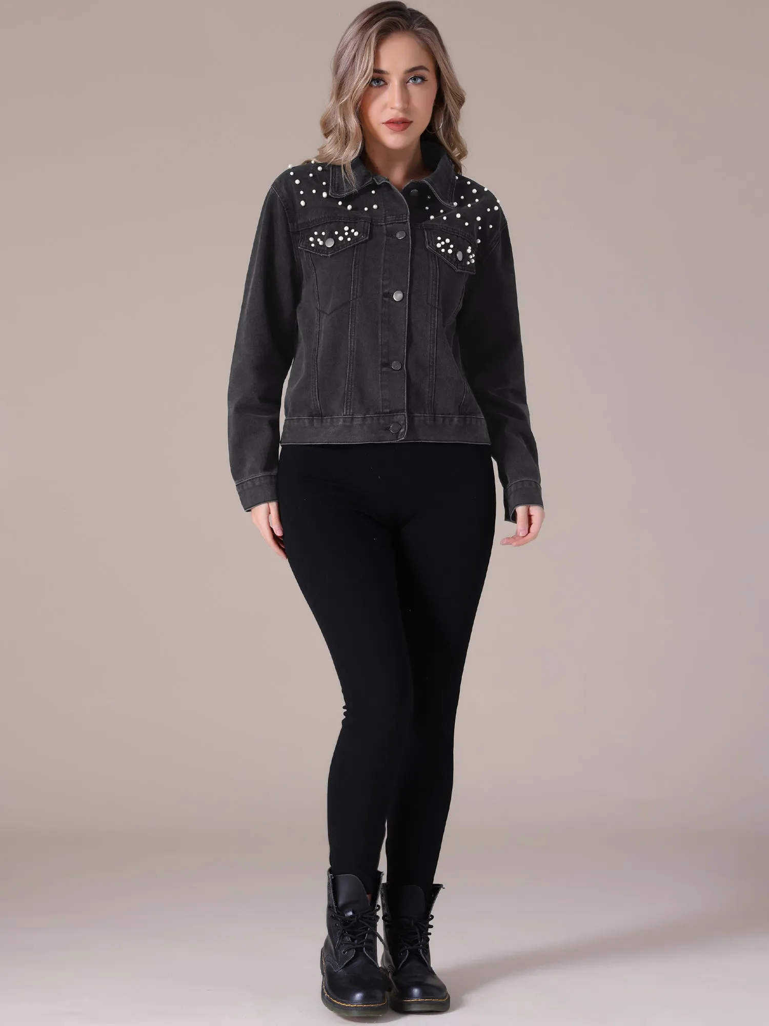 Women's Jean Jackets Trendy Button Down Long Sleeve Pearl Denim Jacket