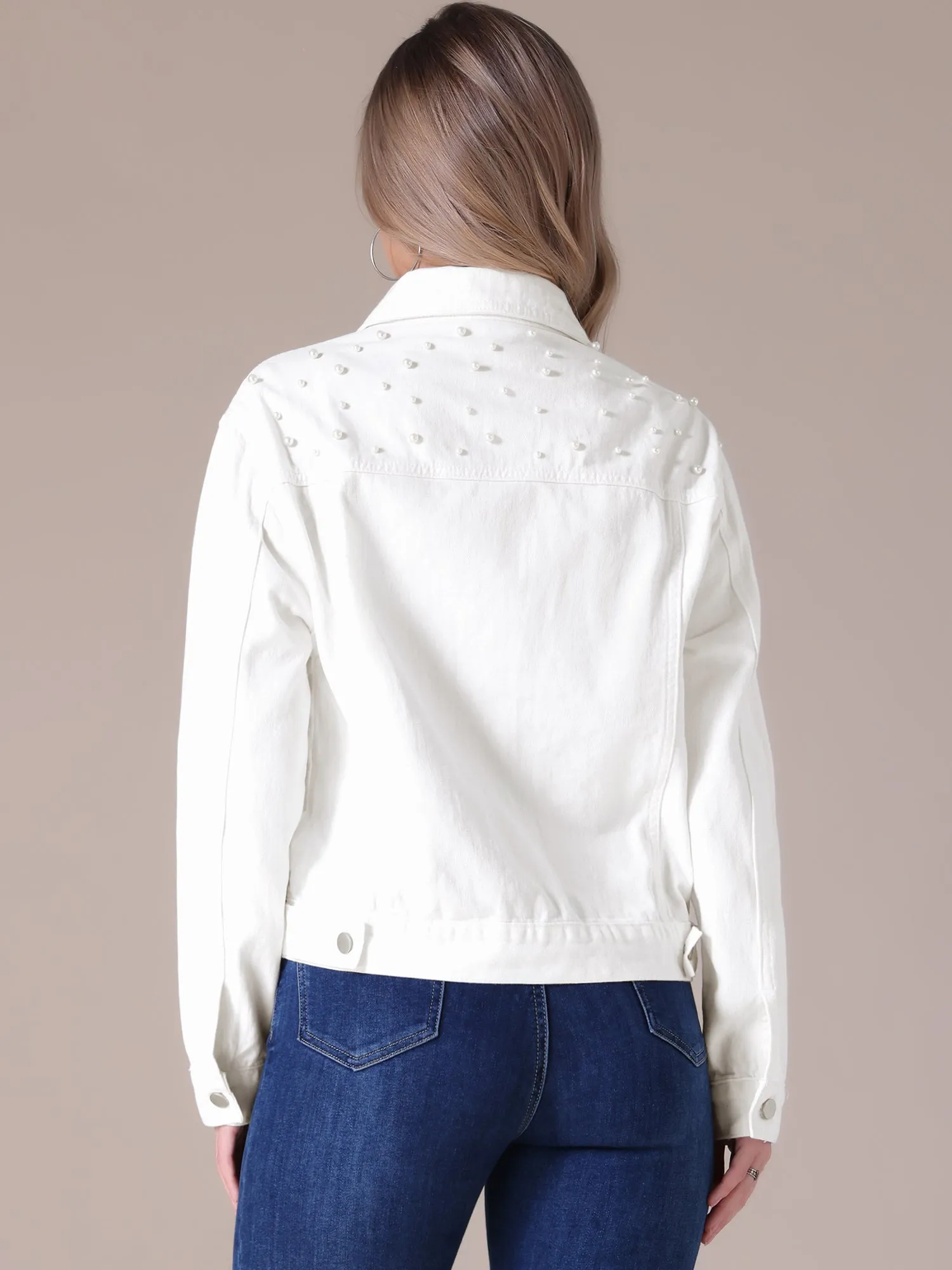 Women's Jean Jackets Trendy Button Down Long Sleeve Pearl Denim Jacket