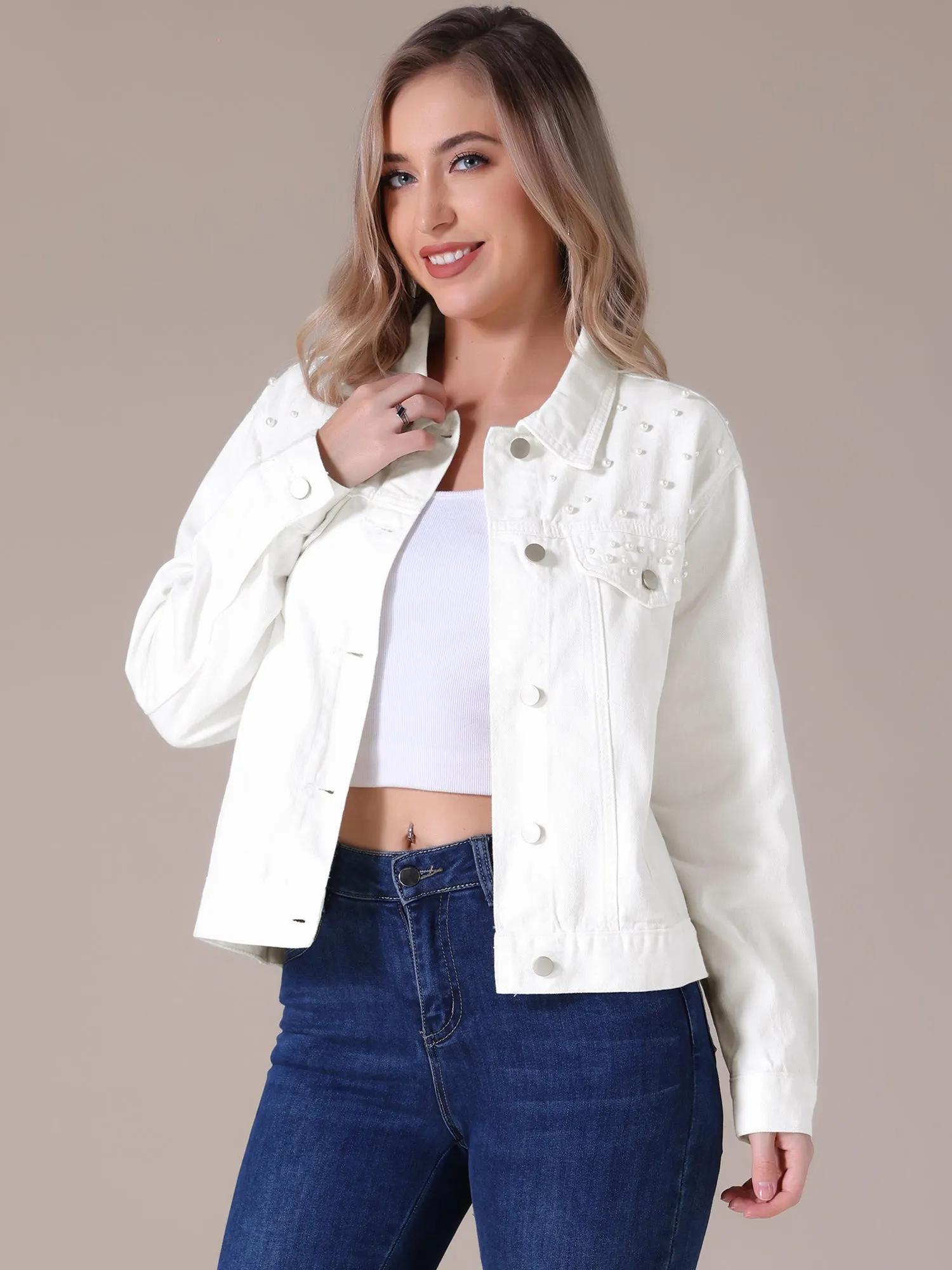 Women's Jean Jackets Trendy Button Down Long Sleeve Pearl Denim Jacket