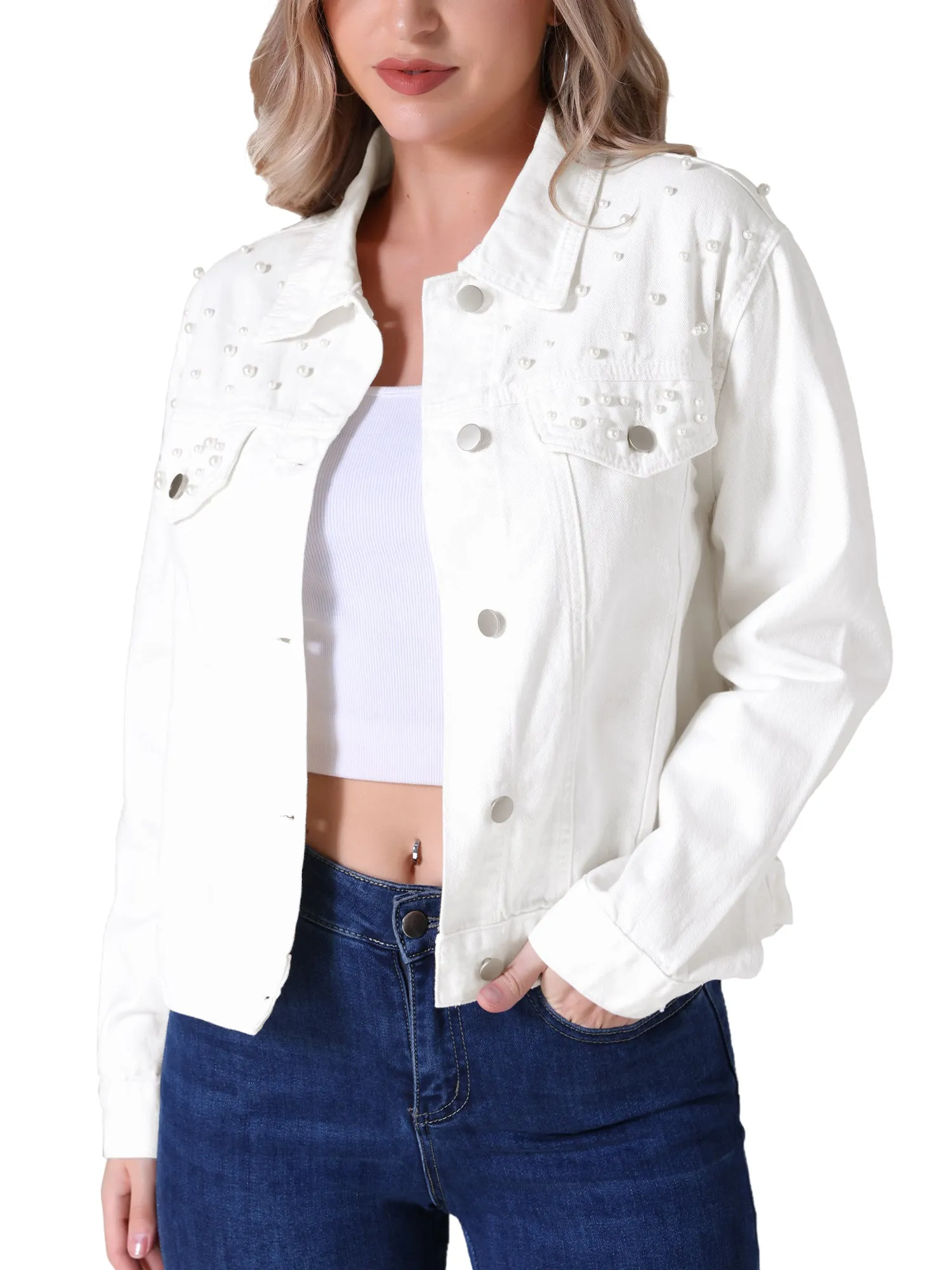 Women's Jean Jackets Trendy Button Down Long Sleeve Pearl Denim Jacket