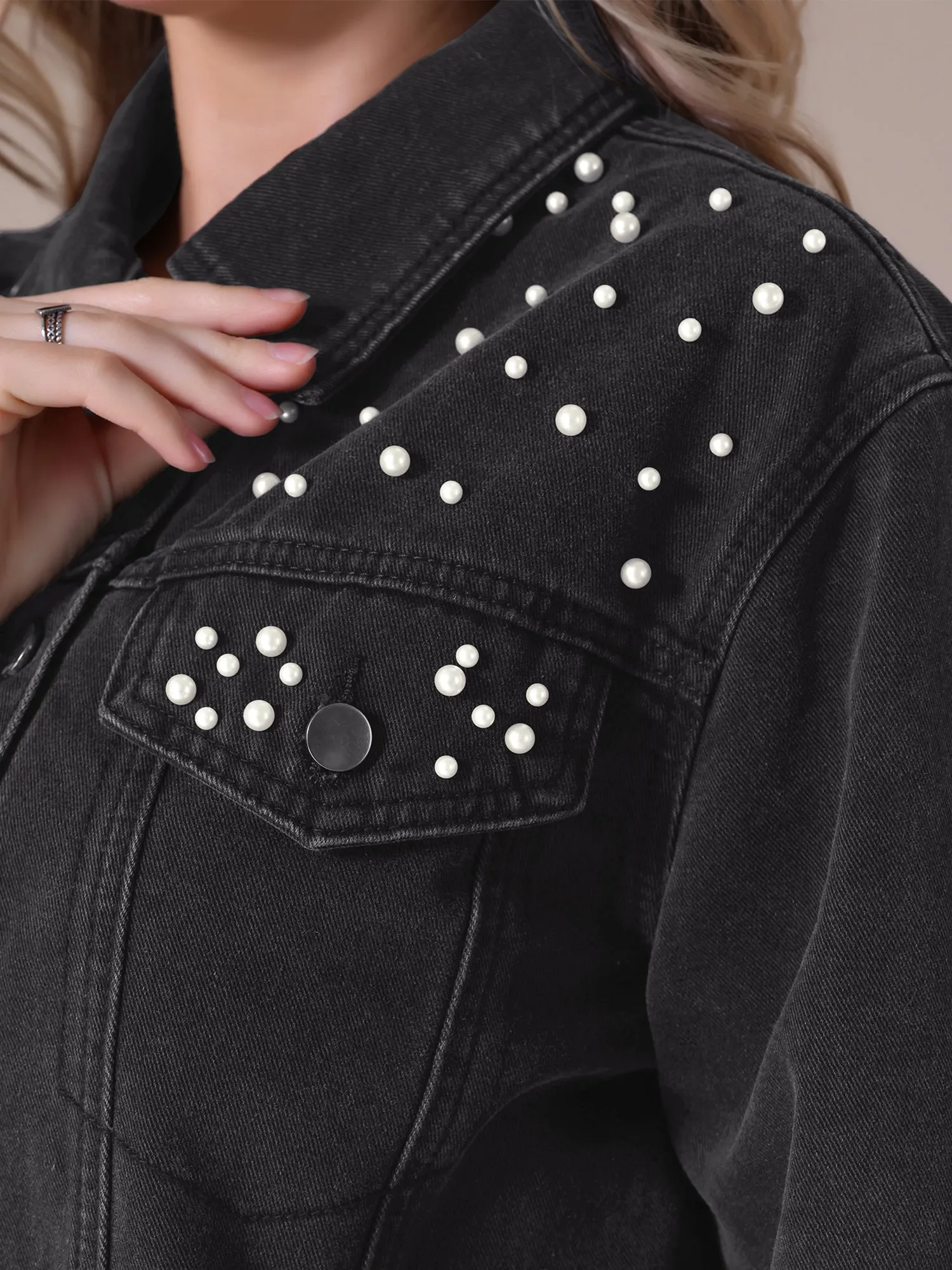 Women's Jean Jackets Trendy Button Down Long Sleeve Pearl Denim Jacket