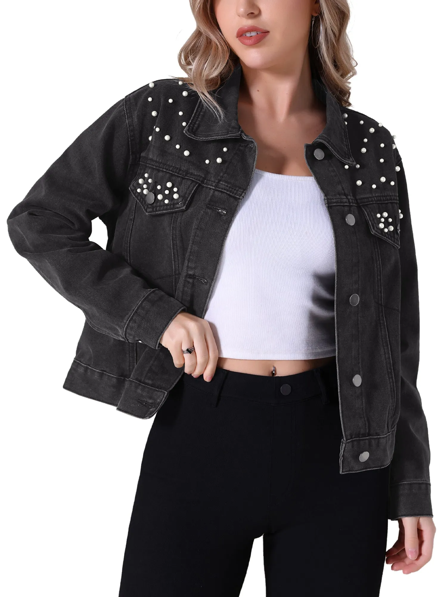 Women's Jean Jackets Trendy Button Down Long Sleeve Pearl Denim Jacket