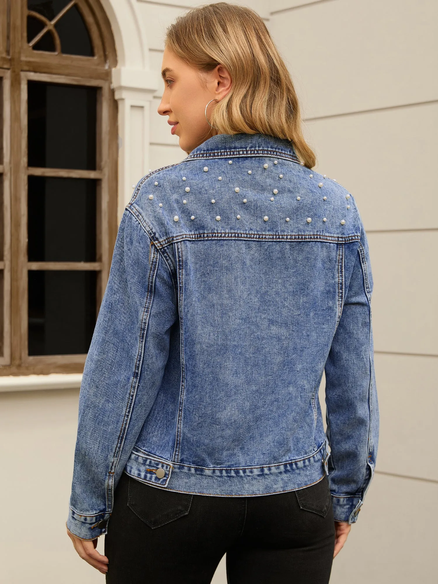 Women's Jean Jackets Trendy Button Down Long Sleeve Pearl Denim Jacket