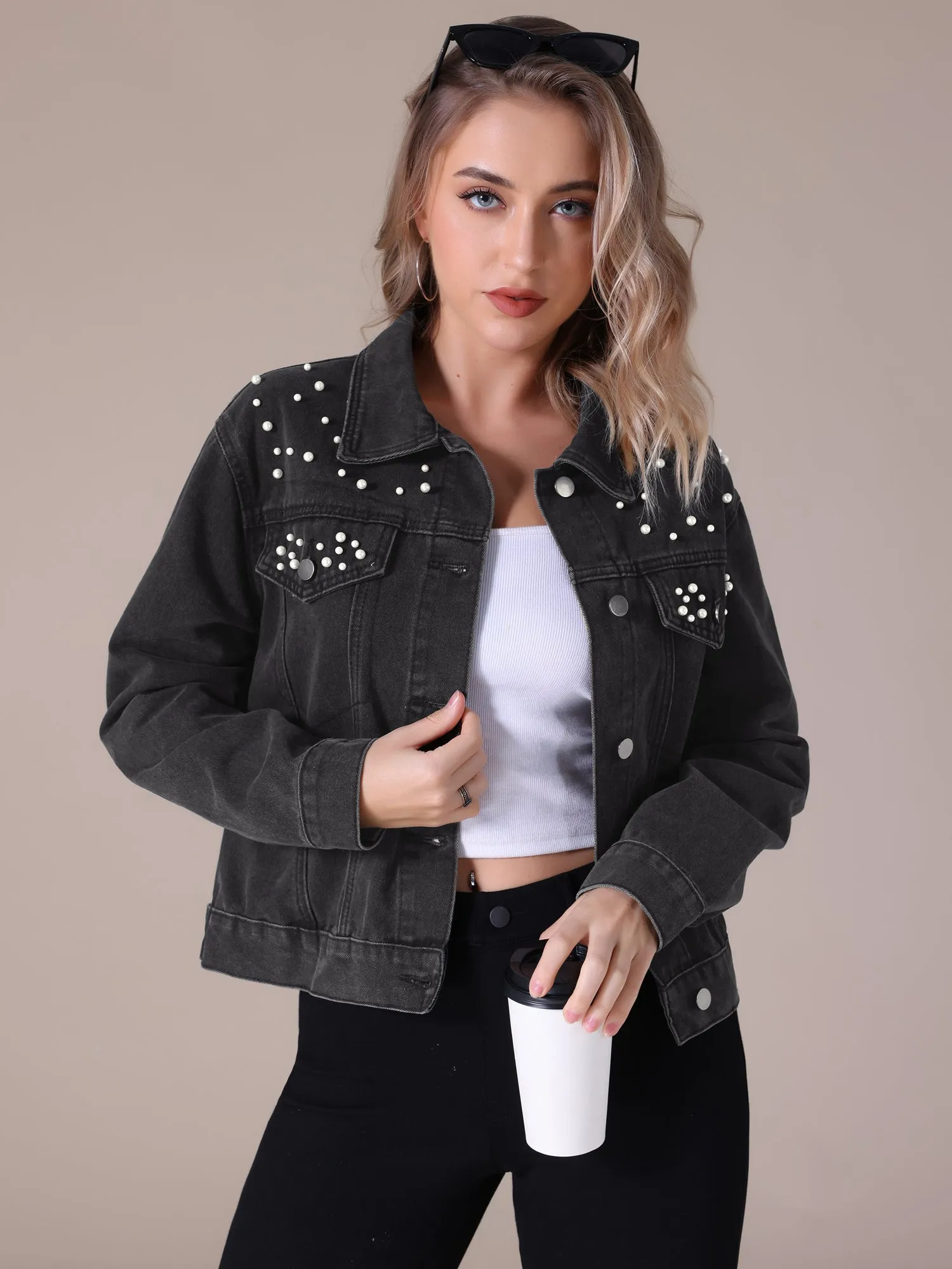 Women's Jean Jackets Trendy Button Down Long Sleeve Pearl Denim Jacket
