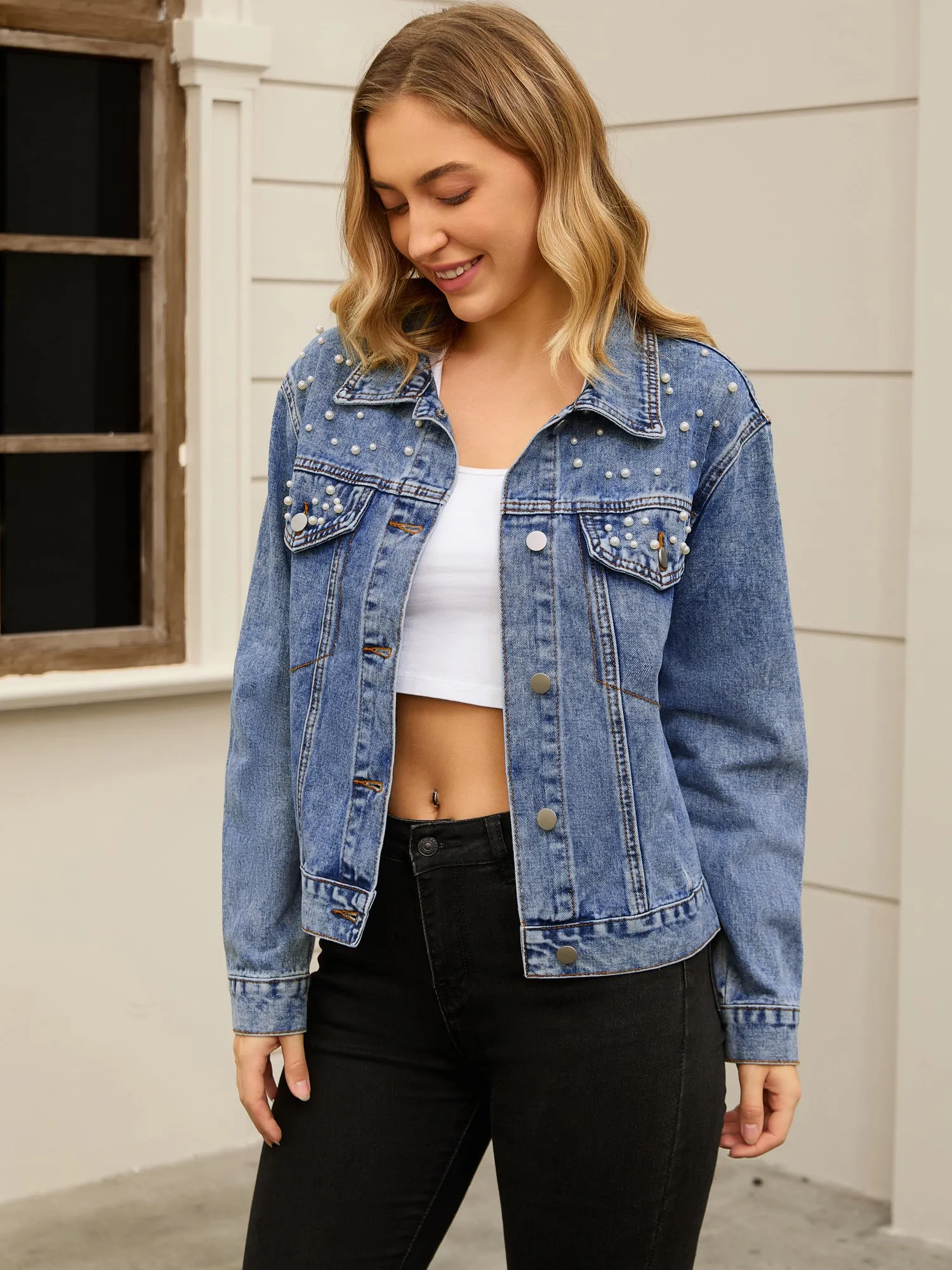 Women's Jean Jackets Trendy Button Down Long Sleeve Pearl Denim Jacket