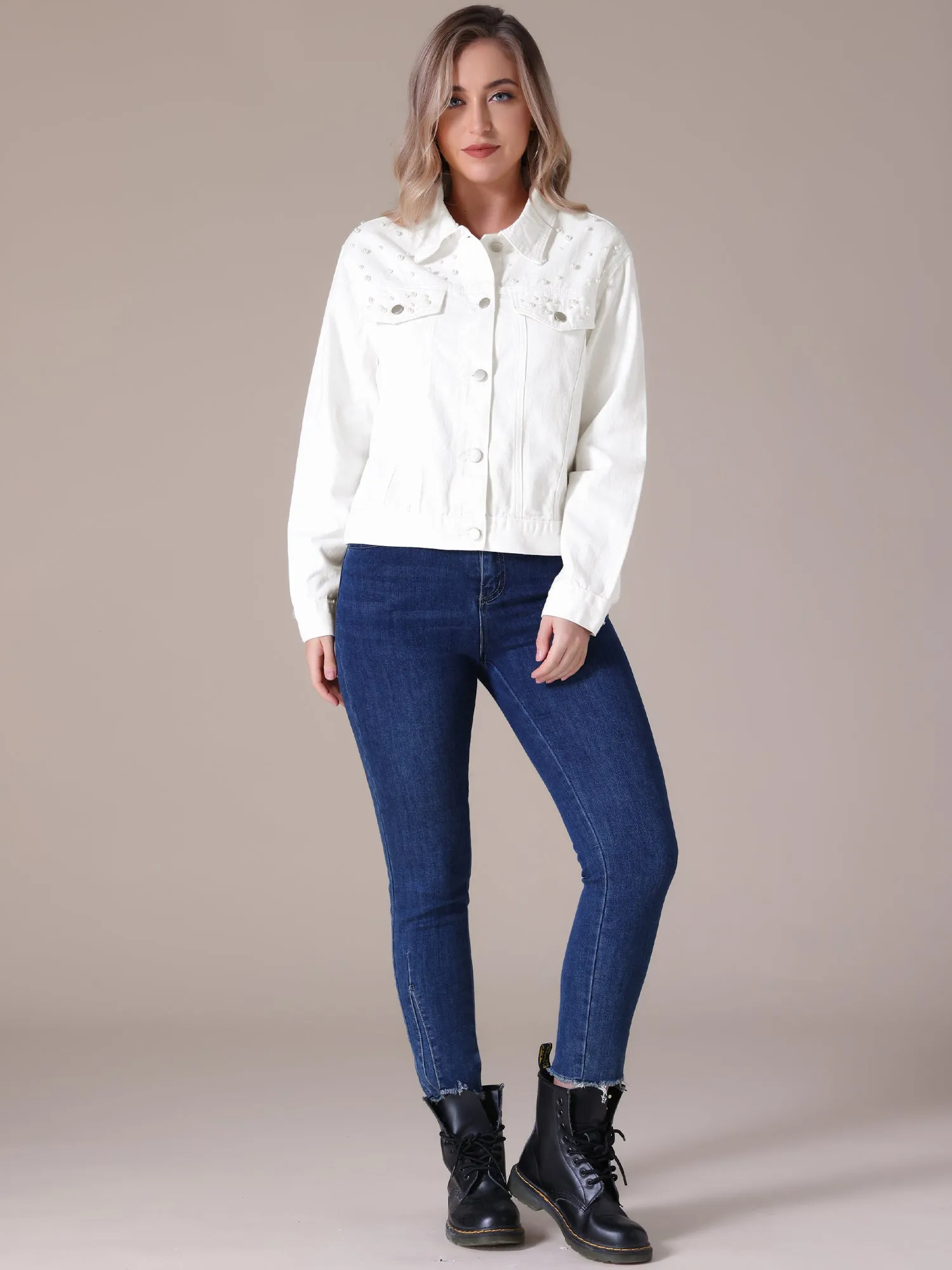 Women's Jean Jackets Trendy Button Down Long Sleeve Pearl Denim Jacket