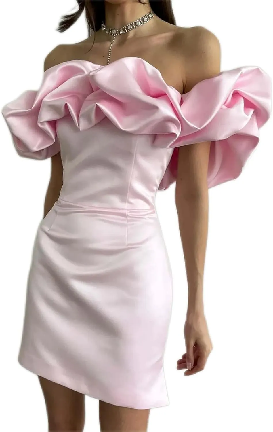 Womens Off Shoulder Strapless Mini Dress Ruffle Trim Ruched Sleeveless Bodycon Party Dressses Elegant Cocktail Dress