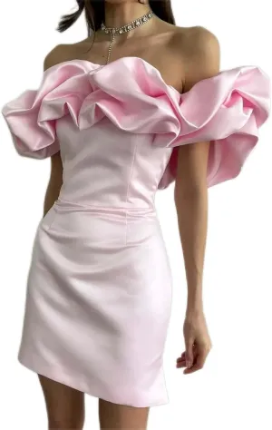 Womens Off Shoulder Strapless Mini Dress Ruffle Trim Ruched Sleeveless Bodycon Party Dressses Elegant Cocktail Dress