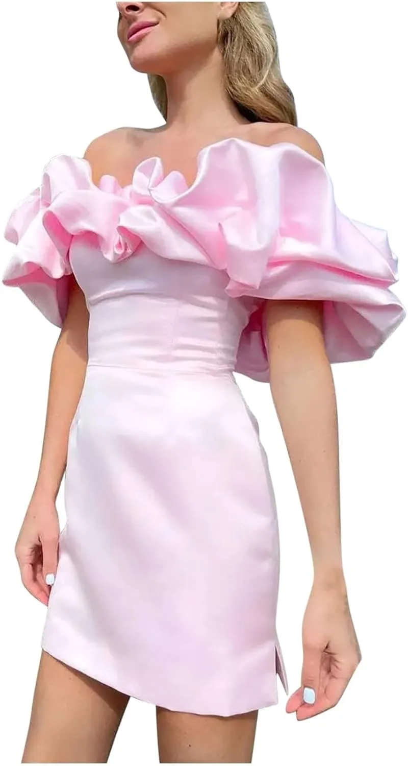 Womens Off Shoulder Strapless Mini Dress Ruffle Trim Ruched Sleeveless Bodycon Party Dressses Elegant Cocktail Dress