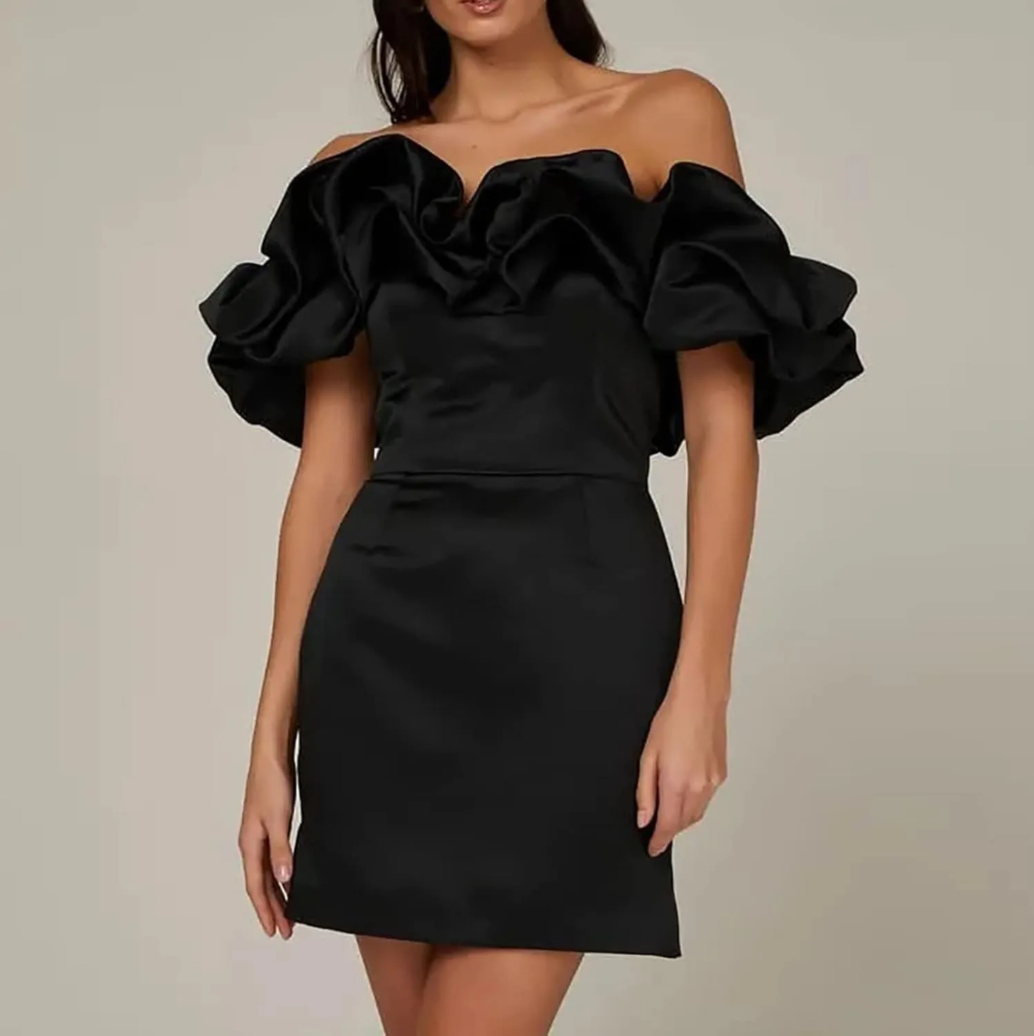 Womens Off Shoulder Strapless Mini Dress Ruffle Trim Ruched Sleeveless Bodycon Party Dressses Elegant Cocktail Dress