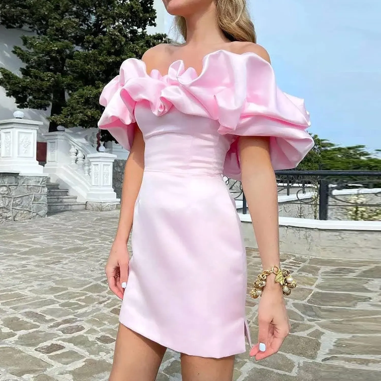 Womens Off Shoulder Strapless Mini Dress Ruffle Trim Ruched Sleeveless Bodycon Party Dressses Elegant Cocktail Dress