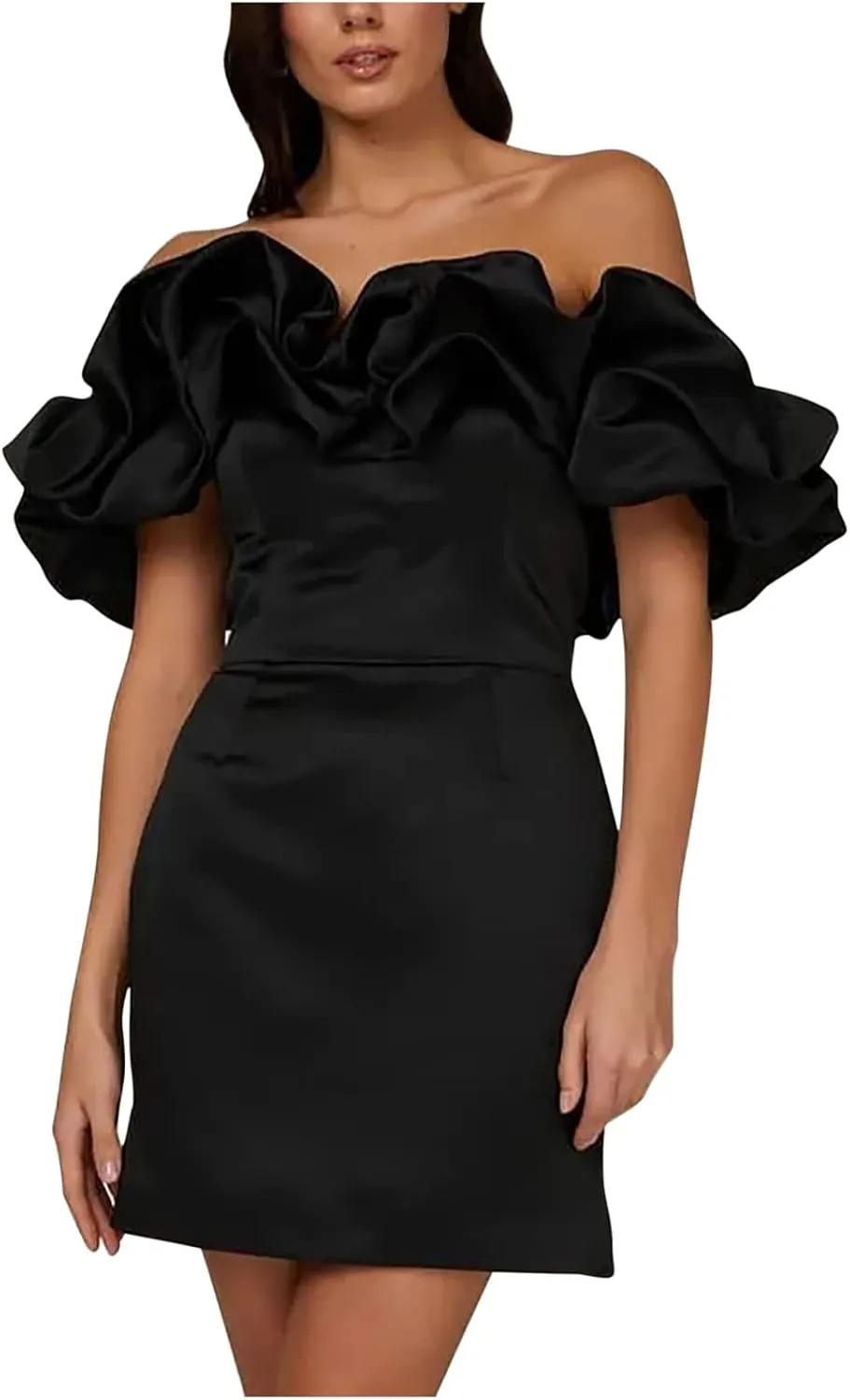 Womens Off Shoulder Strapless Mini Dress Ruffle Trim Ruched Sleeveless Bodycon Party Dressses Elegant Cocktail Dress