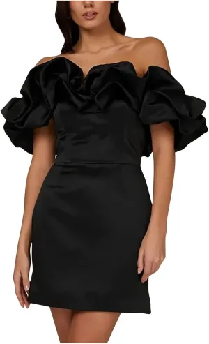 Womens Off Shoulder Strapless Mini Dress Ruffle Trim Ruched Sleeveless Bodycon Party Dressses Elegant Cocktail Dress