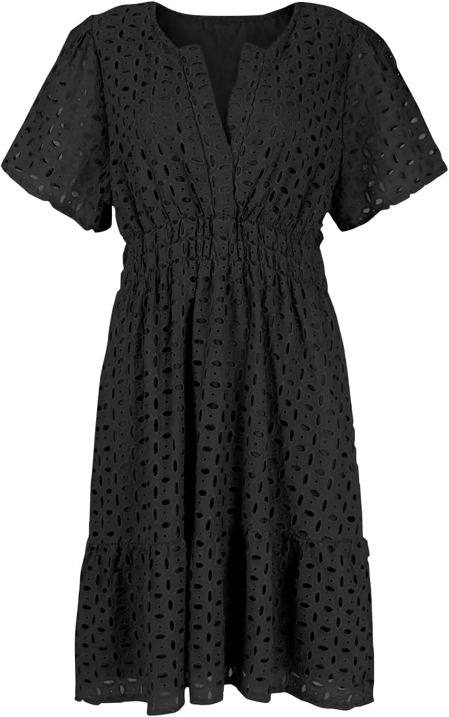Womens Summer V Neck Short Sleeve Short Dress Casual A Line Hollow Out Lace Ruffle Beach Party Dresses