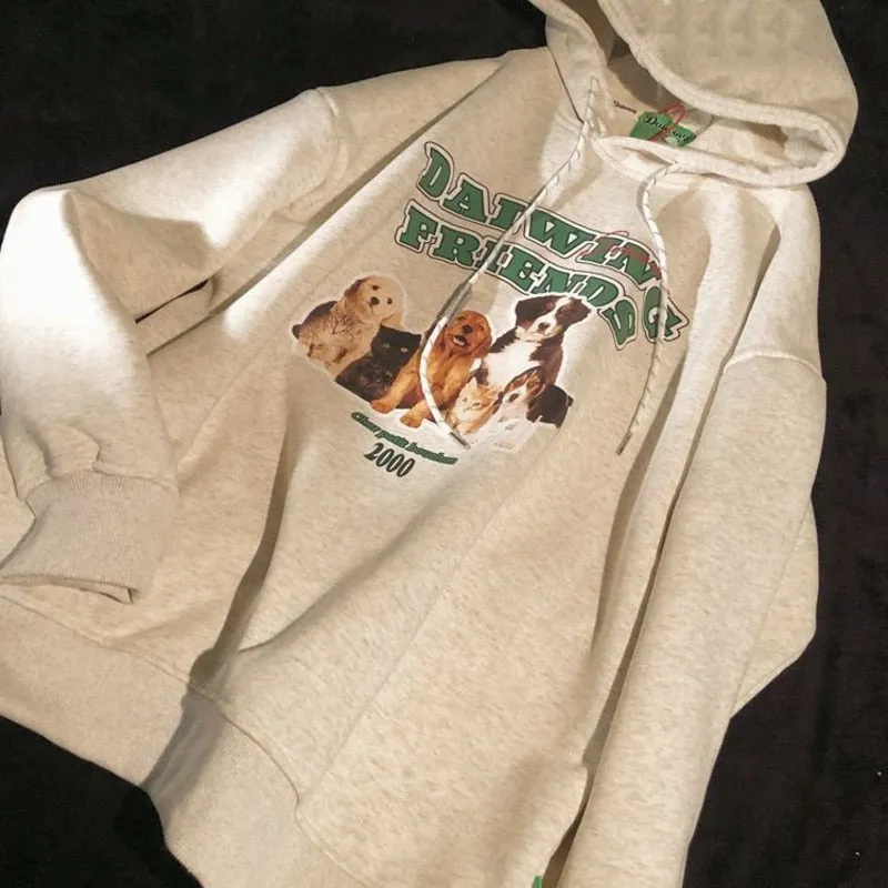 xiangtuibao Retro Letter Cartoon Puppy Hoodie Apricot American Women Men College Girls Kawaii Clothes Cotton Oversized Sweatshirt Winter